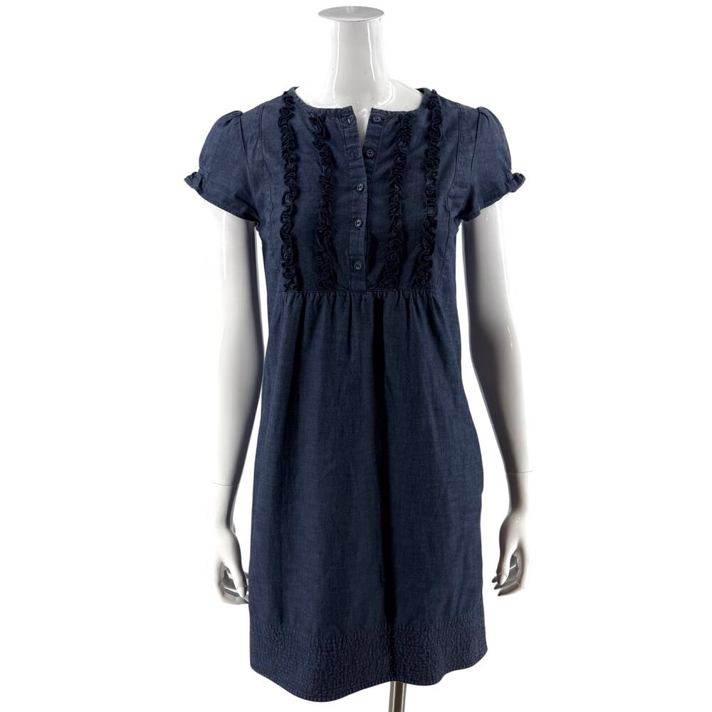 Gap Womens Dress Size 2 Dark Blue Cotton Chambray Ruffle Button Detail Pockets